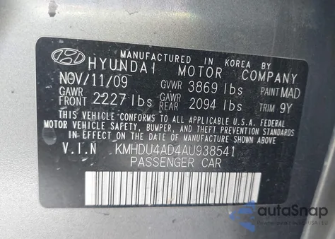 2010 Hyundai Elantra Gls z USA, uszkodzony, nr VIN KMHDU4AD4AU938541